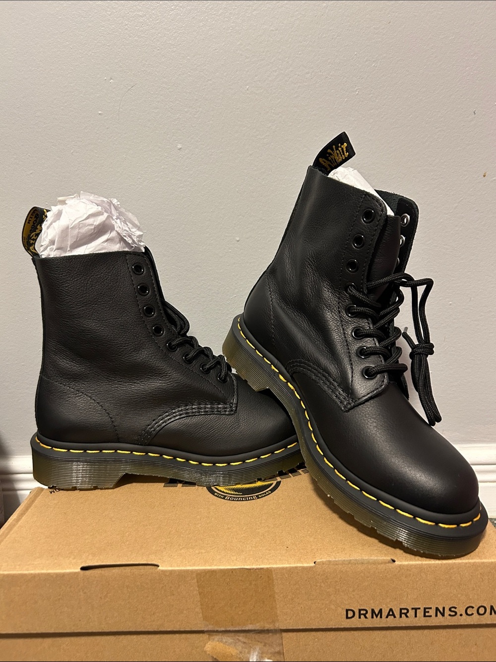 Dr. Martens Black Leather 8-Eye Lace-Up Boots with Yellow Stitching